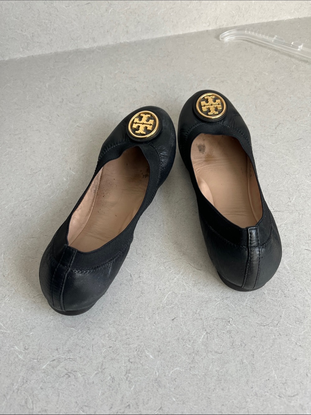 Tory Burch Black Leather Ballet Flats with Gold Logo Medallions